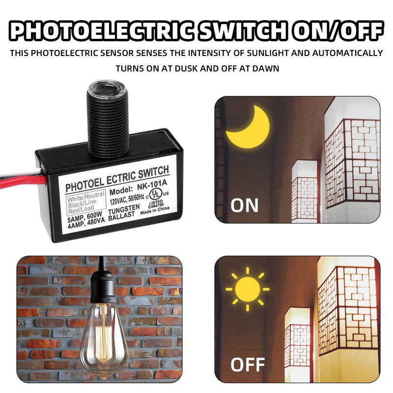 6pcs 105V-130V AC Photocell Light Sensor with Auto On/Off, Dusk to Dawn Photoelectric Switch for Outdoor Lighting Street Lights Control with Nuts & Washers 6