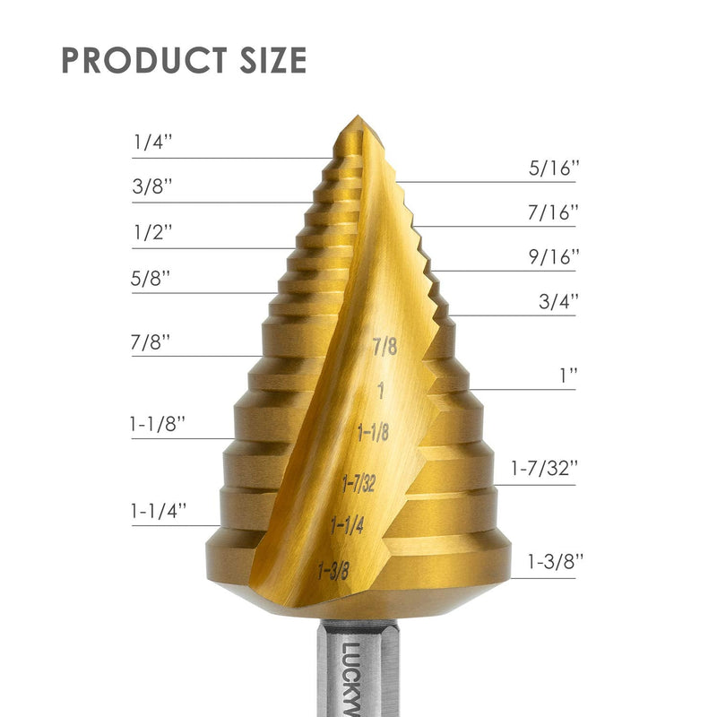 Luckyway 1/4" to 1-3/8" Step Drill Bit, 15 Sizes HSS(M35)-Cobalt Titanium Coated for Metal, Stainless Steel Drilling M35 Cobalt 1/4" to 1-3/8"