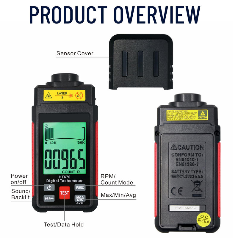 [Australia - AusPower] - Digital RPM Tachometer Check for RPM & Counting, 10-99999 RPM High Precision Laser Non Contact Tachometer RPM Meter Tester with Reflection Tape, Backlit Large LCD, Data Hold, and Max/Min/AVG Function 