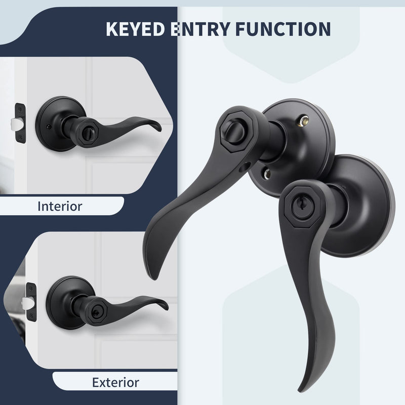 Wave Style Door Lever Keyed Entry Door Handle with Lock, Entrance Lever Reversible for Left/Right Handed for Office or Front Door with Matte Black, 1 Pack