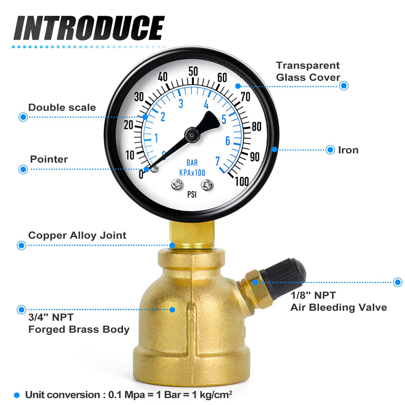 MEANLIN MEASURE 0-100Psi Forged Brass Air Test Pressure gauges, 3/4" FNPT Connection, 2" Double Graduated, Bell Shape Body Assembly, -3-2-3% Accuracy Brass Body