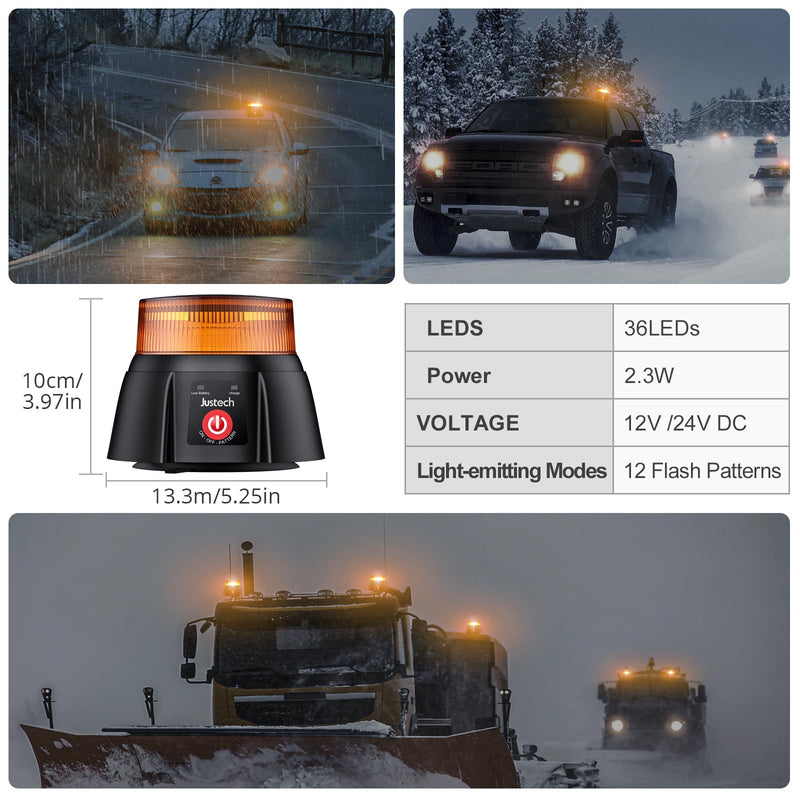 [Australia - AusPower] - Justech 36 LED Rechargeable Beacon Light 12 Flash Patterns Cordless Magnetic Flashing Emergency Light with 3ft Straight Cord, IP65 Waterproof 12-24V Amber Strobe Beacon for Snow Plow Trucks Vehicles 