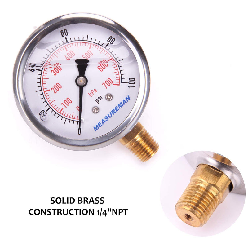 [Australia - AusPower] - MEASUREMAN 2-1/2" Dial Size, Glycerin Filled Pressure Gauge, 0-100psi/kpa, 304 Stainless Steel Case, 1/4"NPT Lower Mount 