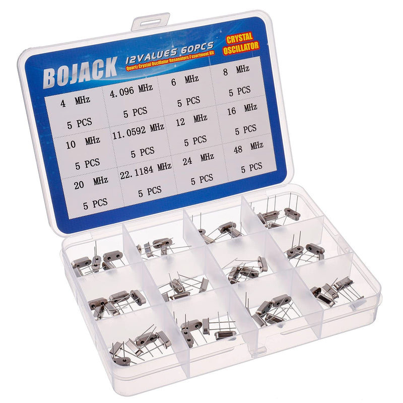 BOJACK 12 Values 60 Pieces Quartz Crystal Oscillator 4MHz, 4.096MHz, 6MHz, 8MHz, 10MHz, 11.0592MHz, 12MHz, 16MHz, 20MHz, 22.1184MHz, 24MHz, 48MHz Crystal Resonators Assortment Kit