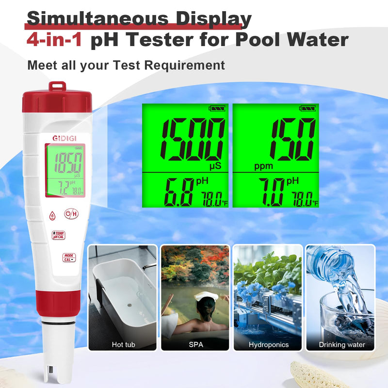 pH Tester,Digital pH Meter for Water,New Version TDS Meter for Drinking Water with Backlit Simultaneously Display 4 in 1 TDS pH EC Meter for Water Hydroponic Nutrient Solution,Pool,Home Use 4 in 1 pH Meter