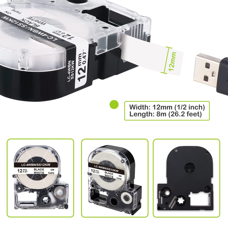 Absonic Compatible Label Tape Replacement for LK-4WBN LK-4LBP LK-4RBP LK-4YBW LK-4GBP Work for Epson LabelWorks LW-300 LW-400 LW-500 LW-600P LW-700 LW-K200PX Label Maker, 1/2" x 26', 12mm x 8m, 5-Pack 1/2" (12mm)