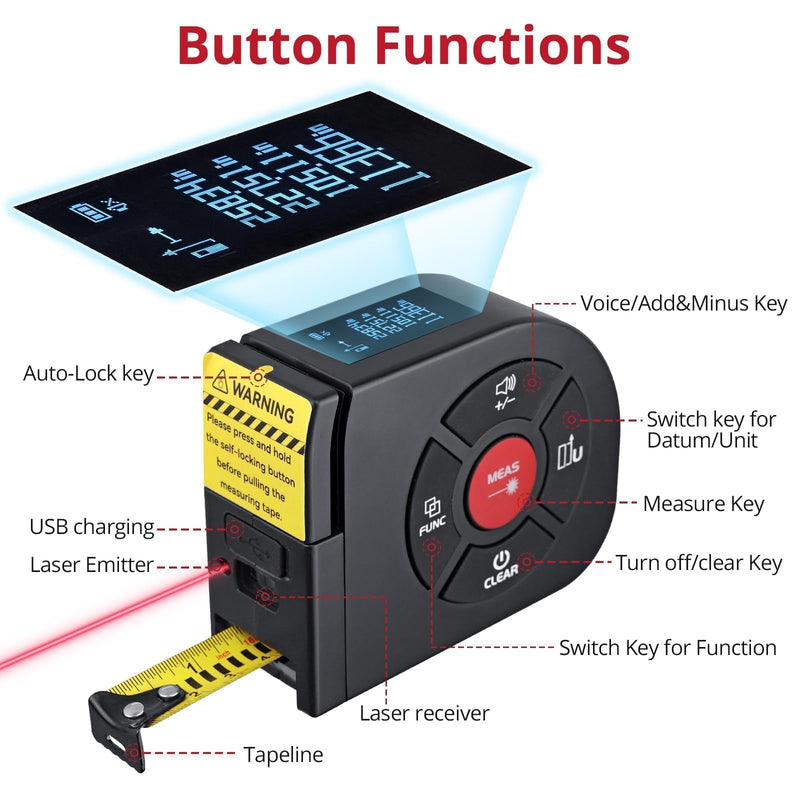 BINTA 2-in-1 Laser Tape Measure, 164Ft/50M Laser Measurement Tool & 16.5Ft/5M Digital Tape Measure, USB-C Rechargeable Distance Meter with LCD Display, Ft/Ft+in/in/M Units for Area/Volume/Pythagorean