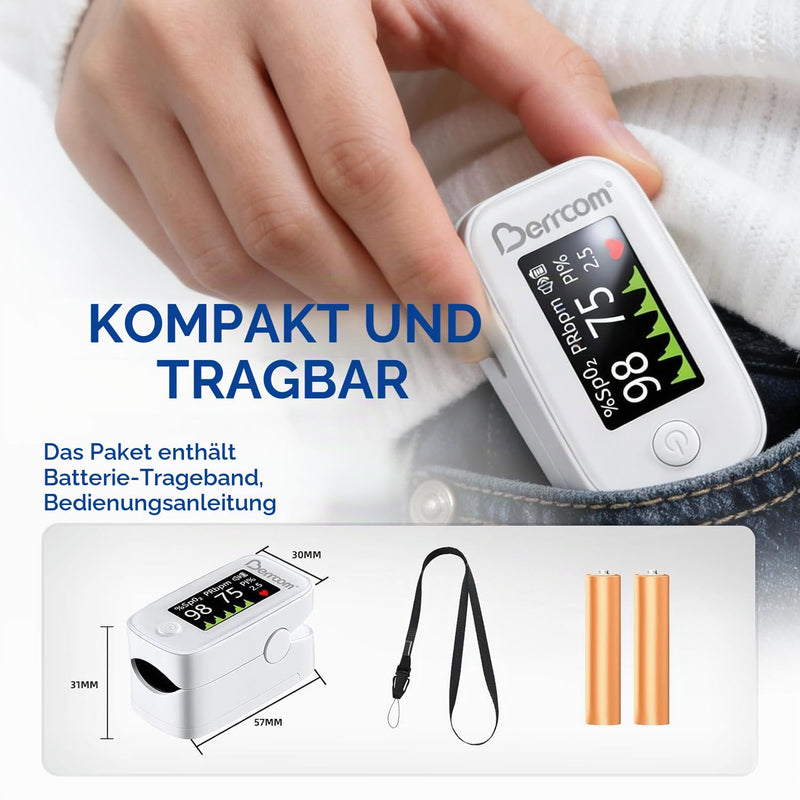 Berrcom Pulse Oximeter Blood Oxygen Saturation Monitor Finger High Accuracy Sats Monitor for Adults with Batteries and Lanyard
