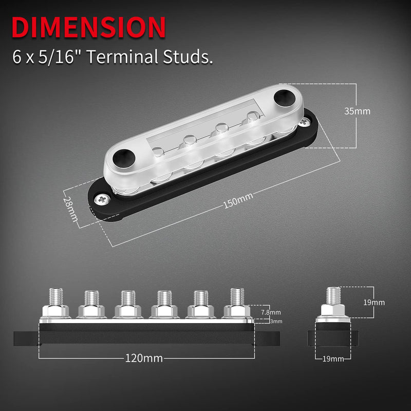 [Australia - AusPower] - DAIERTEK 12V Bus Bar 6 x 5/16" (M8) Terminal Studs 12 Volt Power Distribution Block with Cover Battery Bus Bar 12V - 48V Positive & Negative for Automotive Car Boat Solar System 