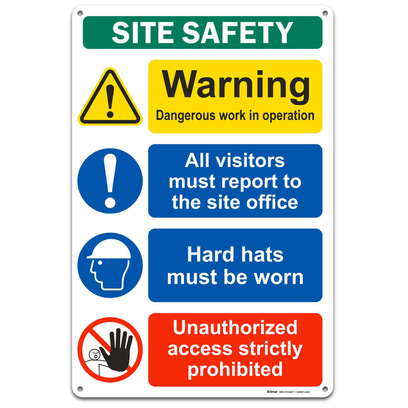Brimar - 12" x 18" - Construction Site Safety Sign - .063″ White Rust-Free Aluminum - Bold Text - Easy Installation 12x18" Site Safety (Aluminum)