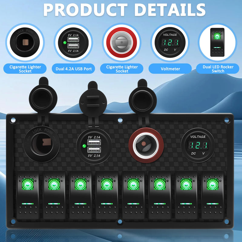Geloo 8 Gang Marine Rocker Switch Panel, Boat Switch Panel Waterproof, 12V Switch Panel Toggle Switches Panel with LED Circuit Breaker 3.1A USB Charger Voltmeter ON/Off for Car Rvs Vehicles (Green Green
