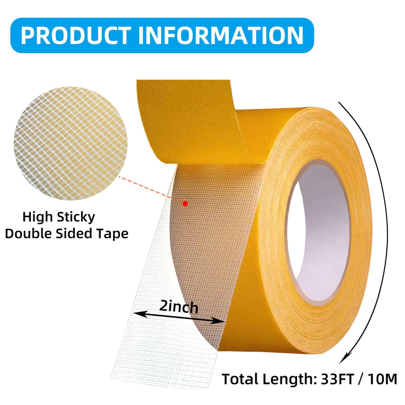 Double Sided Fabric Tape Heavy Duty, Double Stick Carpet Tape, Removable High Stickness Strong 2 Sided Tape for Clothes, Walls, Crafts, Rugs, Hem, Carpet, Woodworking, 2 Inch X 33FT 2inch X 33ft Roll