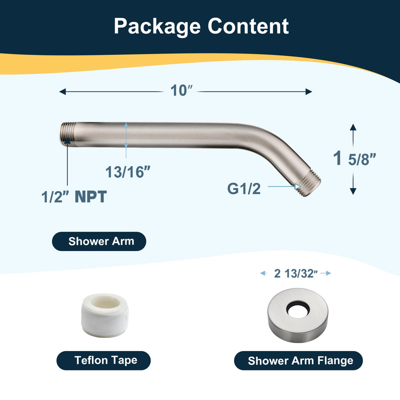 BRIGHT SHOWERS Shower Arm with Flange 10 Inches Solid Brass Shower Head Extension Arm, Wall Mounted Shower Pipe Arm for Rainfall Shower Head and Handheld Showerhead, Brushed Nickel Basic 10 Inch