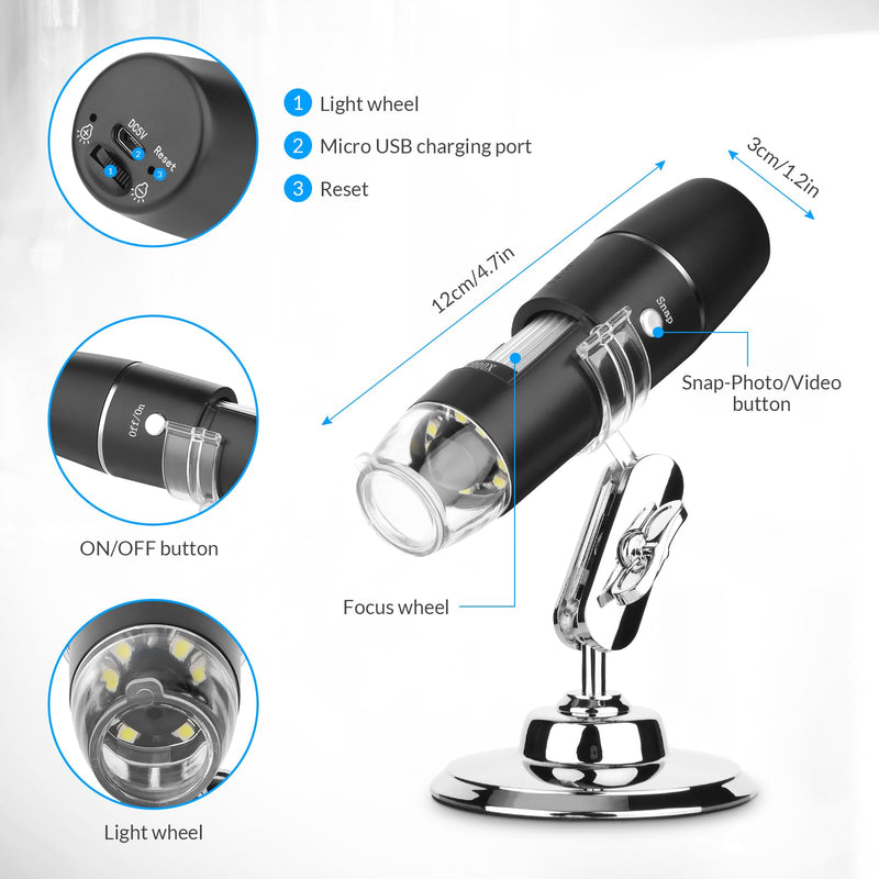 [Australia - AusPower] - Handheld Digital Microscope Wireless Portable for Kids Adults 50x-1000x Magnification with 360 Rotate Stand Compatible with iOS/Android iPhone, iPad 