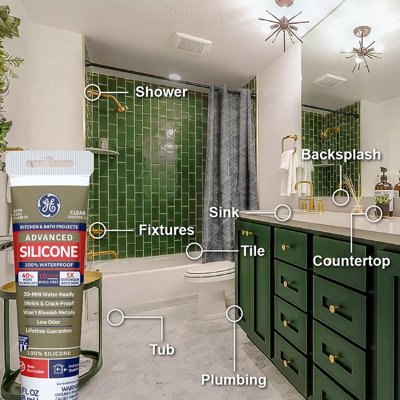 [Australia - AusPower] - GE Advanced Silicone Caulk for Kitchen & Bathroom - 100% Waterproof Silicone Sealant, 5X Stronger Adhesion, Shrink & Crack Proof - 2.8 fl oz Tube, Clear, 1 Pack Pack of 1 