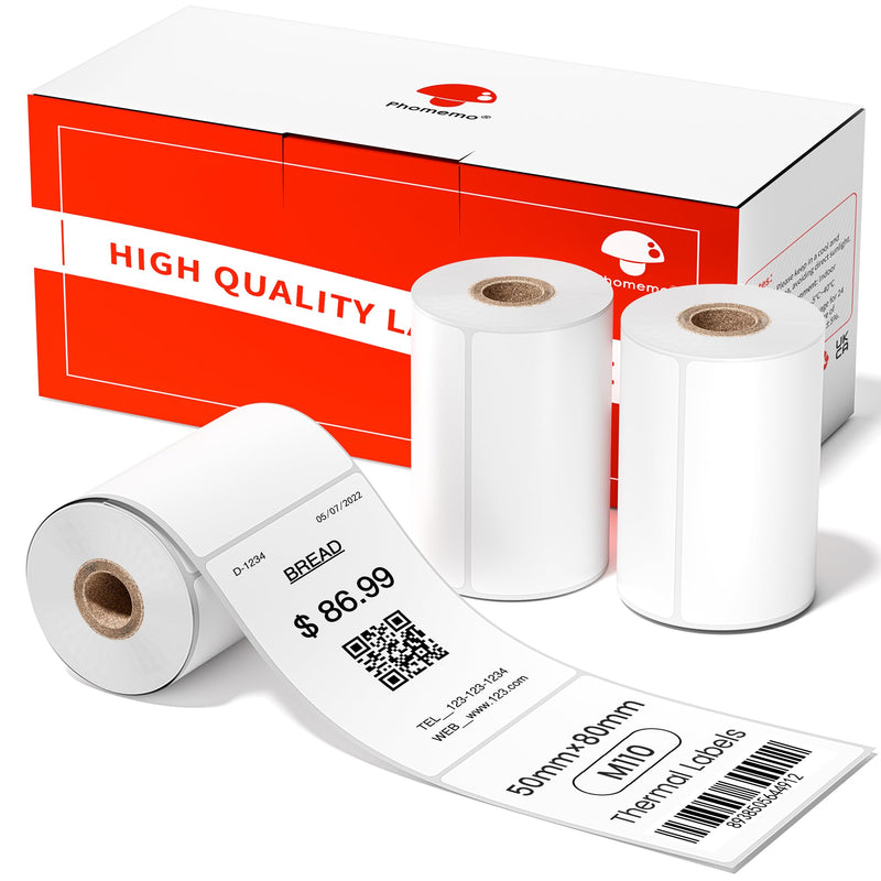 Phomemo Labels - Phomemo M110 Labels for M220/ M100/ M250/ M102/M221/M200/M108 Label Maker, 1.97"x3.15"(50x80mm), M110 Thermal Label 3Rolls, Sticker 100 Labels/Roll, Square, Black on White 1.96"*3.14"