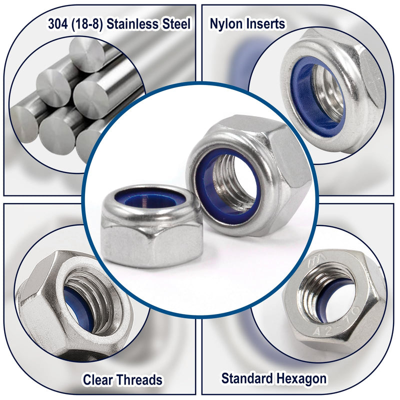 [Australia - AusPower] - 140 Pack Locknuts Assortment Kit,M3 M4 M5 M6 M8 M10 M12 Metric Nylon Insert Lock Nuts Sets,304 Stainless Steel Standard Threaded Nylock Nuts for Bolt 140 Pack;Metric Locknuts 1 