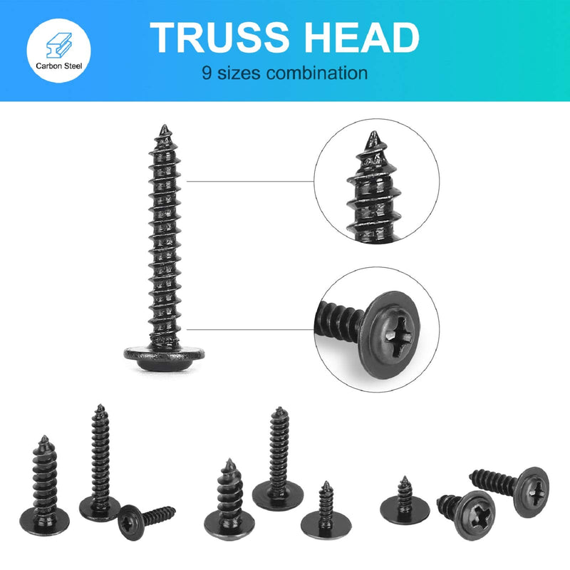 [Australia - AusPower] - 540pcs M2.3 M2.6 M3 Phillips Truss Head Tapping Screw Wafer Head with Washer, Self Tapping Screw Assortment Kit, Black Carbon Steel. 