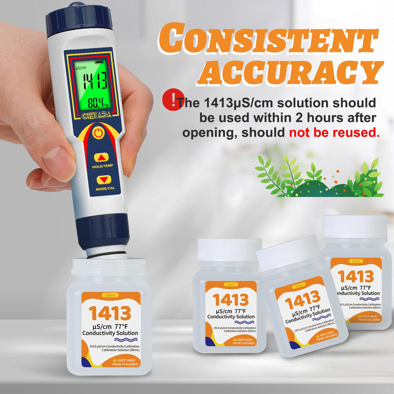 [Australia - AusPower] - Smart pH Tester and 1413 μS/cm Calibration Solution for Hydroponics Water, 4 in 1 pH EC TDS Meter with Conductivity Standard Calibration Solution Kit for Indoor Plant Growing 