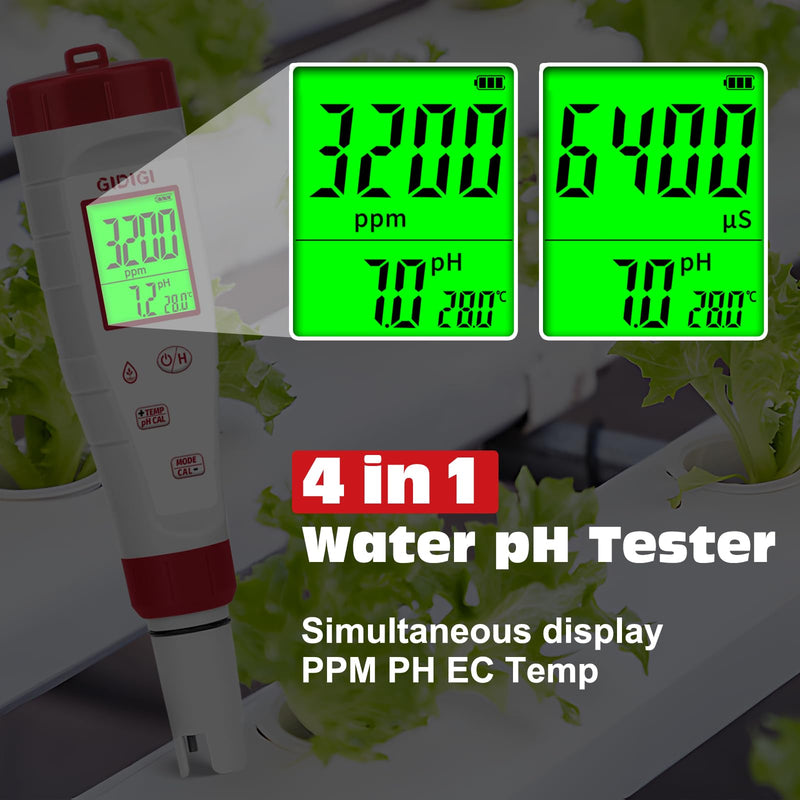 pH Tester,Digital pH Meter for Water,TDS Meter for Drinking Water with pH Calibration Solution 4 in 1 TDS pH EC Meter for Water Hydroponic Nutrient Solution,Pool,Home Use