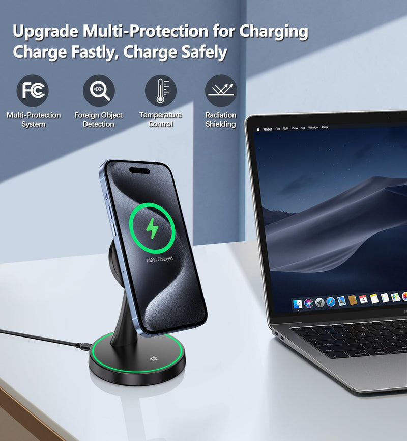 [Australia - AusPower] - Magnetic Wireless Charger Stand 15W Fast Mag-Safe Charger for iPhone 15/15 Pro/15 Plus/15 Pro Max/14/13/12 Series Magnet Wireless Charging Station/Pad with Sleep-Friendly Light for AirPods 3/Pro/Pro 2 Black 