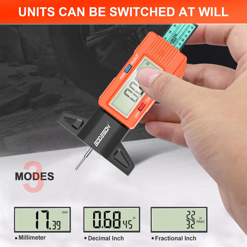 [Australia - AusPower] - GODESON Tire Tread Depth Gauge, Digital Tire Tread Depth Gauge with 3 Modes-Fractional Inch,Tire Tread Gauge with Color-Coded Bar,Tire Depth Gauge Suitable for All Vehicle Tires-Orange Orange 