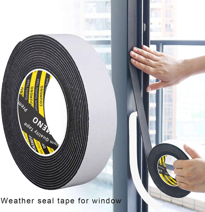 Single Sided Strong Self-Adhesive Foam Tape Strips 1inX16.4FT, Black Weather Stripping for Door/Window Seal, Gap Insulation, DIY Homeowners Easy Install (0.12in Thickness)