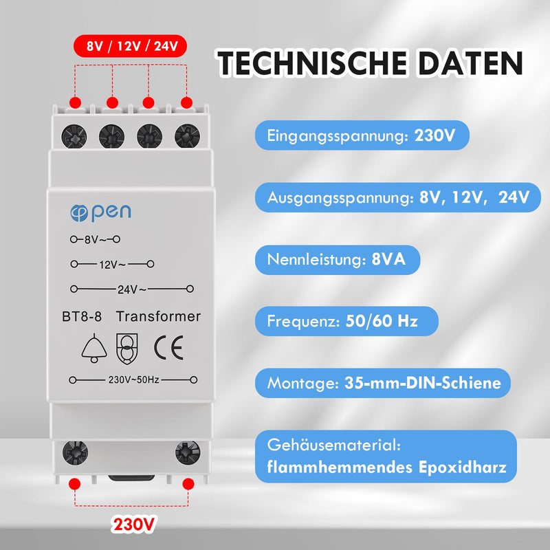 Bell Transformer 8 V 12 V 24 V, Bell Transformer 230 V AC Inputs, 8-24 V/AC Exports, Surge Protection, Fits Standard DIN Rail, Doorbell for Monitoring and Access Systems