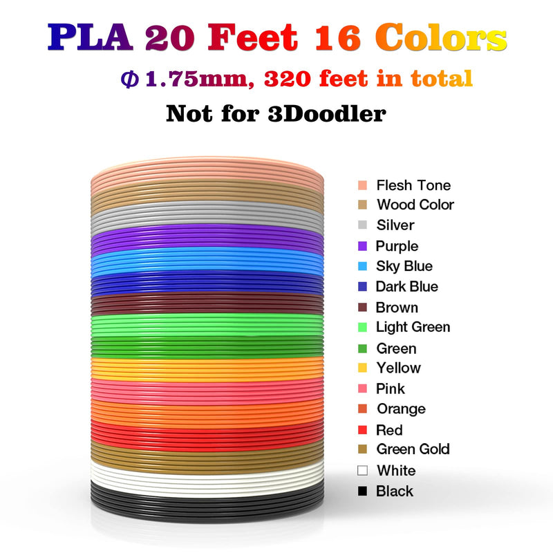 [Australia - AusPower] - 16-Color 320ft PLA 3D Pen Filament Refills - 1.75mm, Kids Safe, 250 Stencils eBook - For SCRIB3D P1 and MYNT3D Pens 16 Colors 320 Feet 