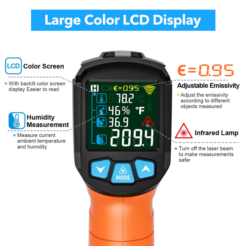 [Australia - AusPower] - Infrared Thermometer Gun, TEMIRUP Digital Laser Temperature Gun, -58°F to 1472°F, Non Contact IR Temp Gun with Color LCD for Industrial, Cooking, Griddle, Engine, HVAC,Adjustable Emissivity & Humidity Orange -58°F to 1472°F(-50~800°C) 