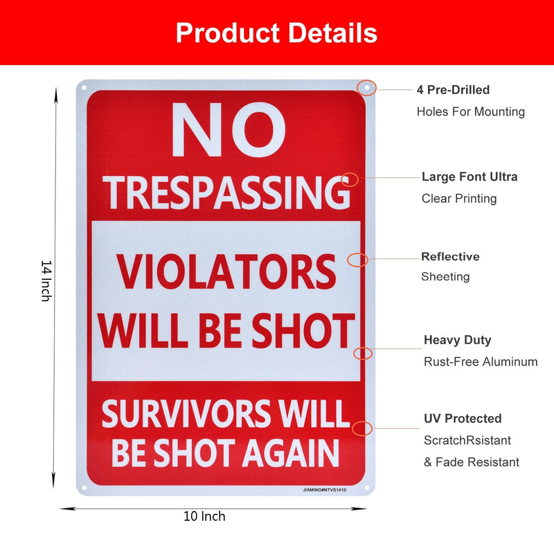 No Trespassing Signs,Violators Will Be Shot Sign, 2 Pack 14"x10" RustFree Reflective Aluminum Survivors Will Be Shot Again Signs, UV Protected,FadeResistant and Weather Resistant, Easy to Mount. Red