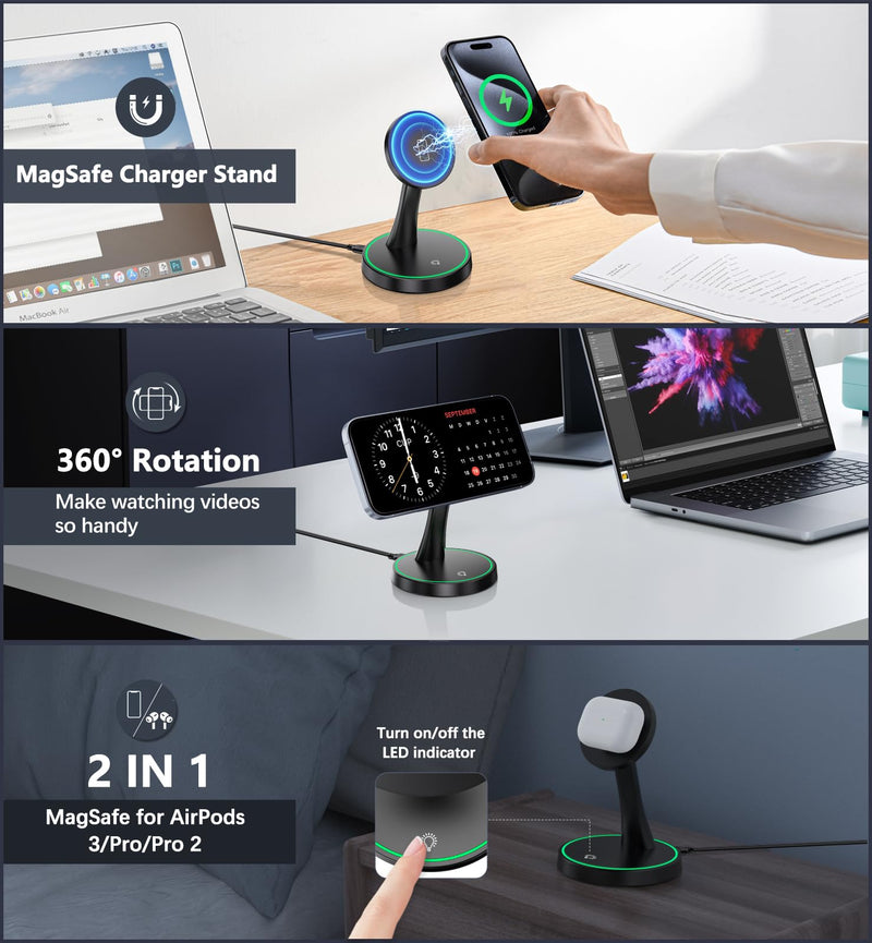 [Australia - AusPower] - Magnetic Wireless Charger Stand 15W Fast Mag-Safe Charger for iPhone 15/15 Pro/15 Plus/15 Pro Max/14/13/12 Series Magnet Wireless Charging Station/Pad with Sleep-Friendly Light for AirPods 3/Pro/Pro 2 Black 