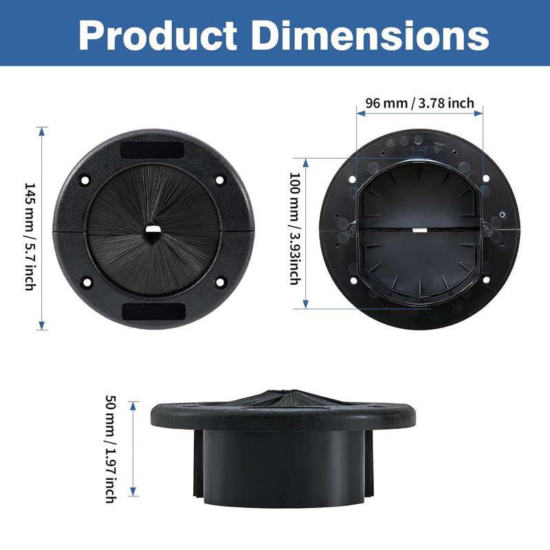 [Australia - AusPower] - 2-Pack 4"Round Brush Grommet, Upgraded Large Split Grommet Structure for Raised Floor Airflow Management, Home Data Center Wall Ceiling Floor Cable Management (Deep Black) Deep Black 