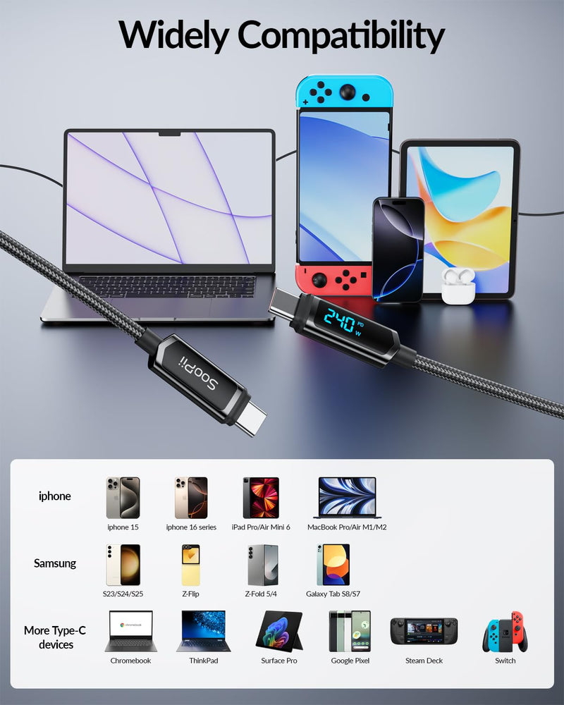 SOOPII USB C to USB C Cable [10ft/2Pack], 240W USB C Cable,Nylon Braided Type C Fast Charging Cables with LED Display for lPhone 16/15 Pro Max, Galaxy S25/S24, MacBook Pro/Air, iPad, Laptop,Black Black 10 Feet (2-Pack) 240W