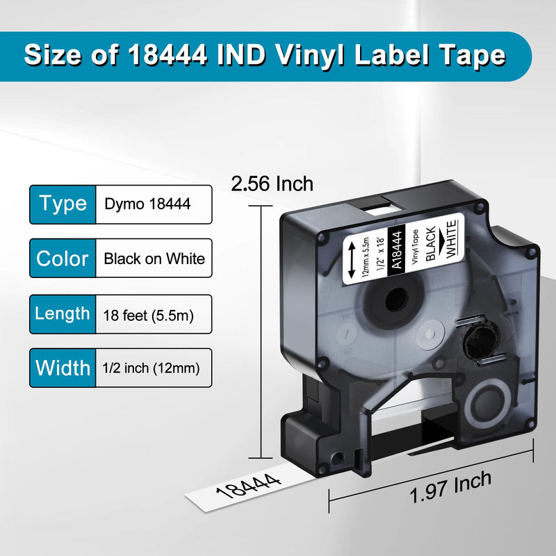 5 Pack Compatible for Dymo Rhino 1805435 1/2" 12mm White on Black Label and 3 Pack 18444 1/2" 12mm Black on White Vinyl Permanent Industrial Label Tape