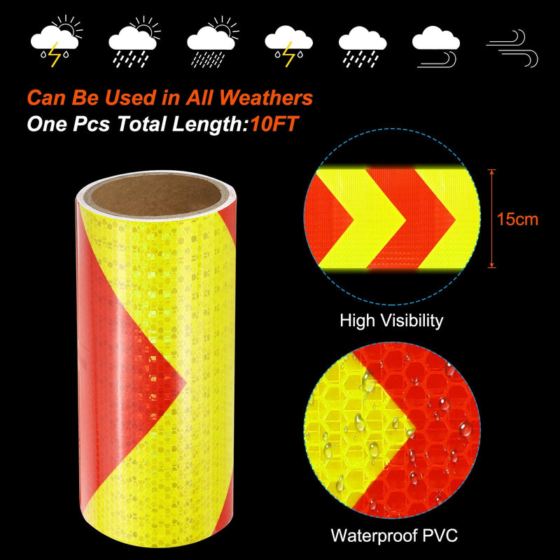 PATIKIL Reflective Tape, 8 Inch x 10 FT Waterproof High Visibility Self-Adhesive Warning Safety Tape Reflective Stickers External Accessories for Cars Trailers, Yellow Red 8 Inch x 10 Feet 1
