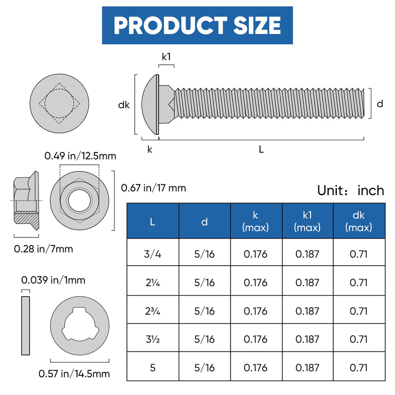 [Australia - AusPower] - Wheelbarrow Carriage Bolts and Nuts Kit,5/16-18 Stainless Steel Carriage Bolts 5",3-1/2",2-3/4",2-1/4",3/4",Flange Hex Nuts,Retainer Clips,Hex Wrench,Wheelbarrow Handles Replacement kit(18 Sets) Carriage Bolts Kit(18 Sets) 