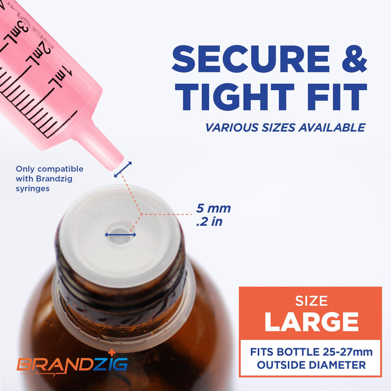 [Australia - AusPower] - Medicine Bottle Syringe Adapter For Oral Dispensers | Size Large, 50 Pack | Press In Bottle Adapter for Liquid Medication | Only Fits Brandzig 1ml, 3ml, 5ml & 10ml Syringes 