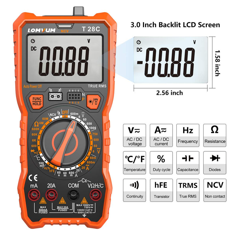 [Australia - AusPower] - Lomvum Digital Multimeter 6000 Counts TRMS Auto-Ranging Portable Multimeter with AC DC Voltmeter and Ohmmeter Tester，Measures Voltage Current Capacitance Resistance Temperature Frequency Diode (T6) 