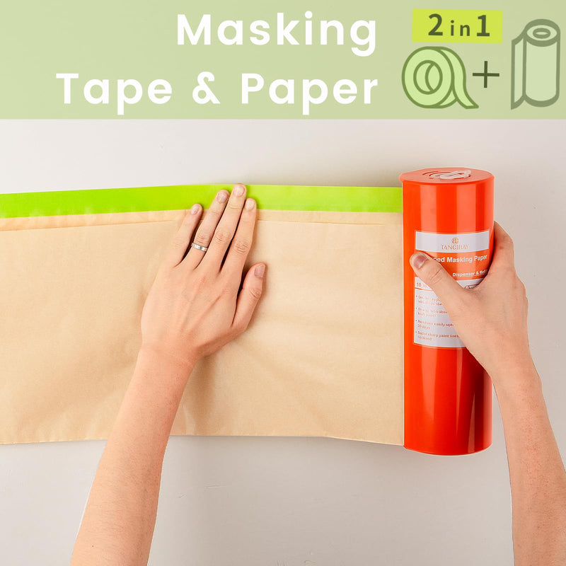 Tangibay Pre-Taped Masking Paper with Dispenser - 18" x 66' Painters Paper and Tape for Painting House, Auto Body, Cars (1 Dispenser 6 Refills) 1 Dsp. 6 Refills: 18"x66'