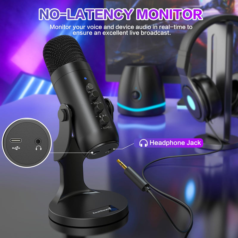 [Australia - AusPower] - ZealSound USB Microphone,Condenser Computer PC Mic,Plug&Play Gaming Microphones for PS 4&5.Headphone Output&Volume Control,Mic Gain Control,Mute Button Vocal,YouTube Podcast on Mac&Windows(Black) Black 