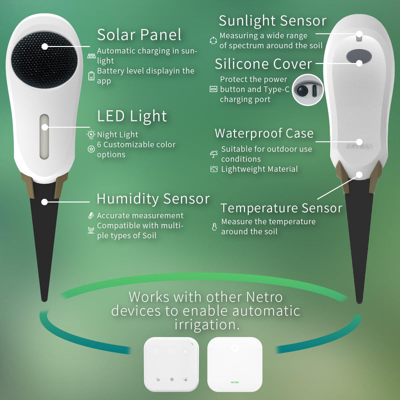 [Australia - AusPower] - Netro Whisperer 2nd Gen Smart Plant Sensor, APP-Baed, WiFi Connected, Solar Powered for Outdoor Use 