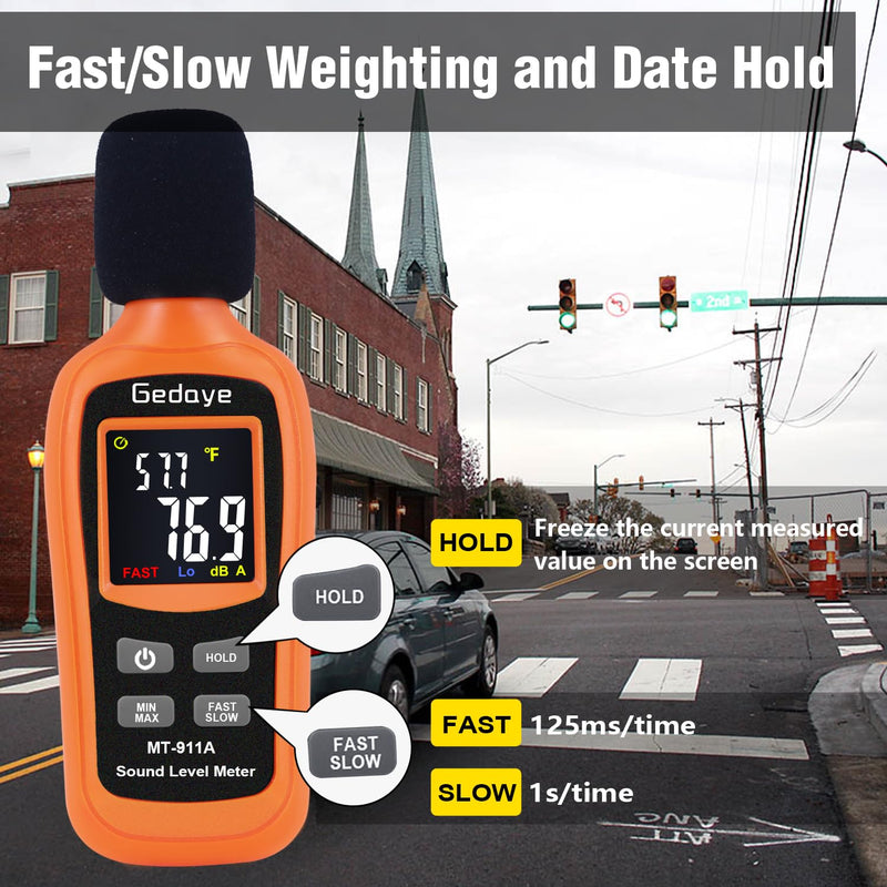 [Australia - AusPower] - Noise Decibel Meter, Gedaye Sound Level Meter, Range 35-135dBA, SPL Meter with A Weighted, Data Hold MAX/MIN Fast/Slow, for Classroom Workshop dB Reader Monitor Audio Measure Device Sound Detector Orange MT911 