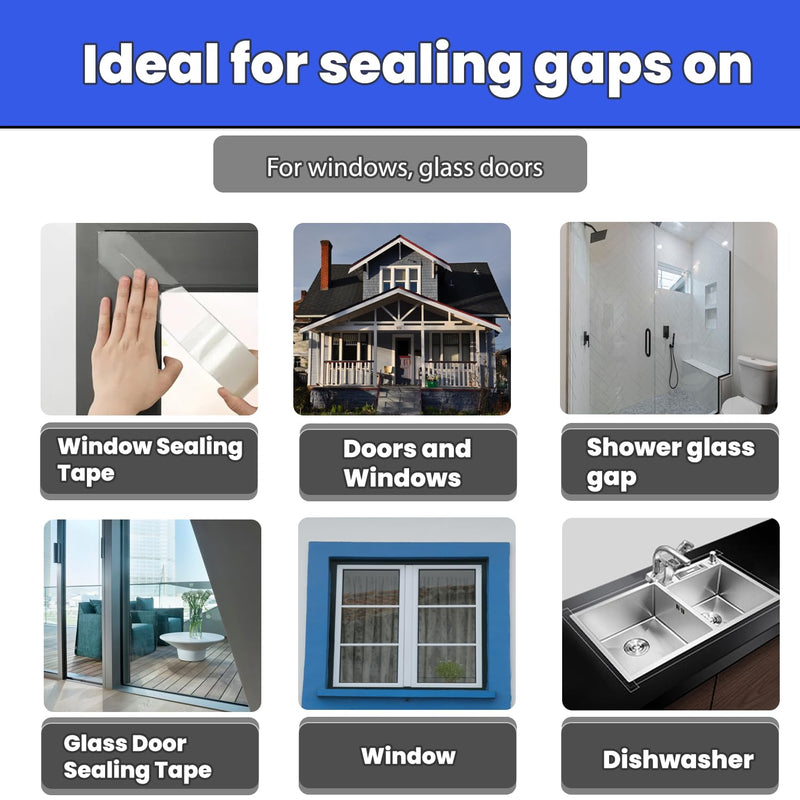 Window Weather Sealing Tape 2 Inch x 33 FT Weather Stripping Residue-Free Clear Window Draft Isolation Sealing Film Caulk Tape for Doors and Shower Glass Gaps Bathroom 2in X 33 FT X 7.87Mils Thickness
