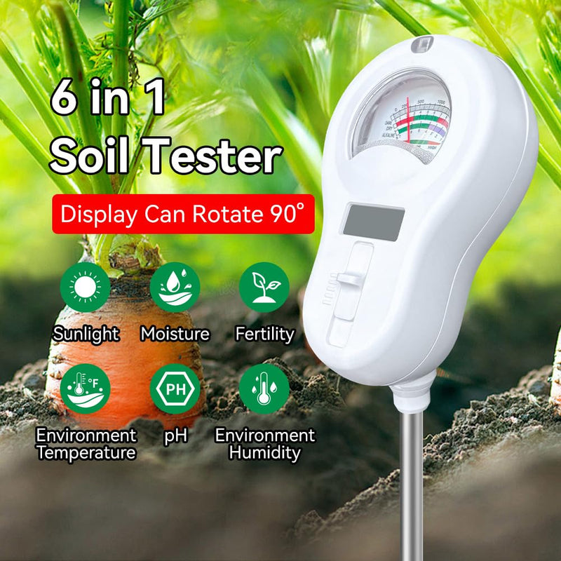 6-in-1 Soil Moisture Meter, pH Tester, Soil Moisture, Fertility, Sunlight, Temperature, Humidity, with Detachable Probe, for Agriculture, Gardening, and Outdoor Plants (Include 3* Detachable Probes) 6-in-1 Soil Moisture Meter