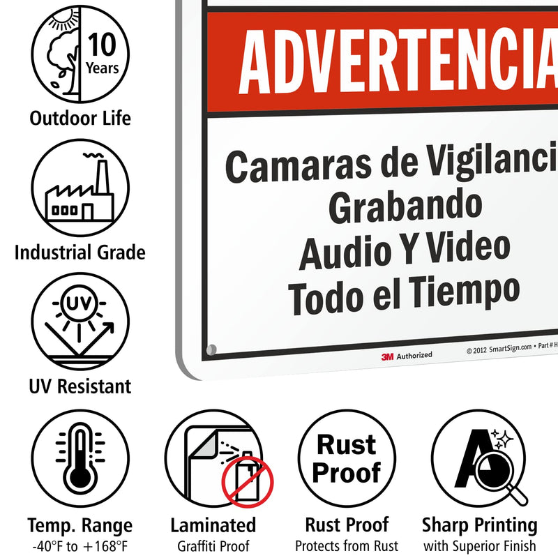 SmartSign 18 x 12 inch “Warning - Audio & Video Surveillance On Duty At All Times” Bilingual Sign, 63 mil Aluminum, 3M Laminated Engineer Grade Reflective Material, Red, Black and White, USA-Made EG Reflective 12" x 18"