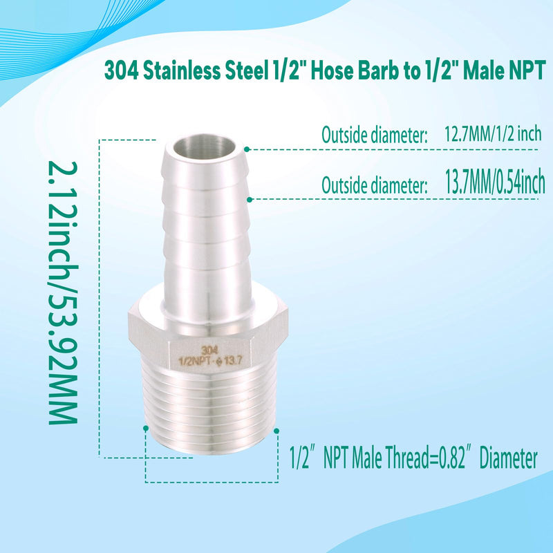 [Australia - AusPower] - 304 Stainless Steel 1/2" Hose Barb to 1/2" Male NPT Home Brew Fitting Water Fuel Air?lead-free (Pack of 2) 