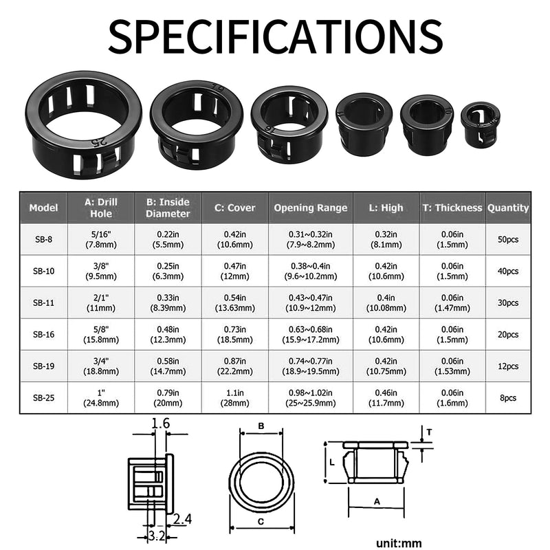 [Australia - AusPower] - 170 Pcs Cable Snap Bushing Grommets, Black Round Nylon Snap in Cable Grommet Protector, 5/16" 3/8" 1/2" 5/8" 3/4" 1" Cable Snap Hole Plugs Locking Bushing Assortment Kit 