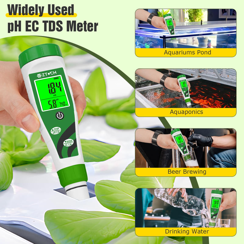 [Australia - AusPower] - pH Meter for Water Hydroponic with Calibration Solution, 4 in 1 pH Meter with pH 4.0 7.0 & EC 1413μS/cm Calibration and Probe Cleaning Solution for Water, Pool, Aquarium, Fish Tank 