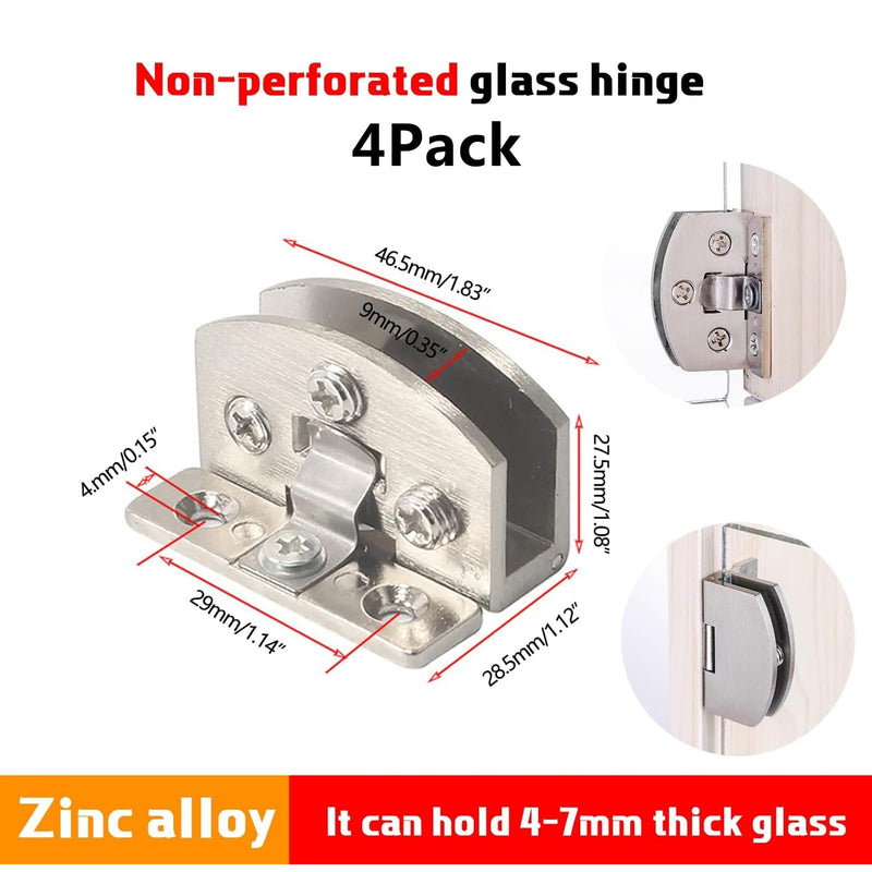 No Drill Glass Door Hinges 4 Pcs - Clip-On Mounting for Cabinet, Showcase, Wine Cabinet (Small) Small